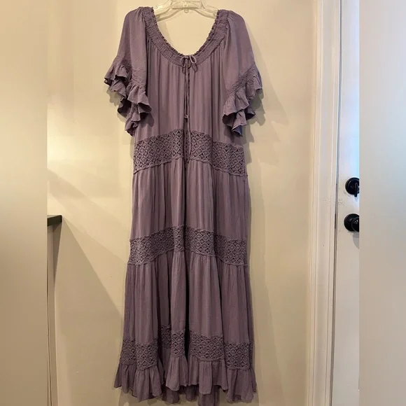 Free People Dream On Crochet Lace Maxi Dress Petrified Wood Gray Purple - Picture 4 of 12